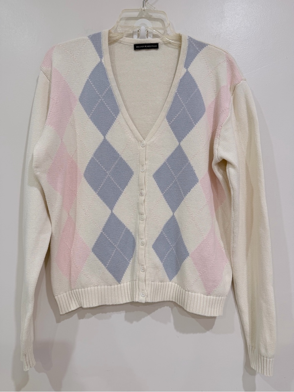 Brandy Melville Cream Cardigan with Pastel Blue & Pink Argyle